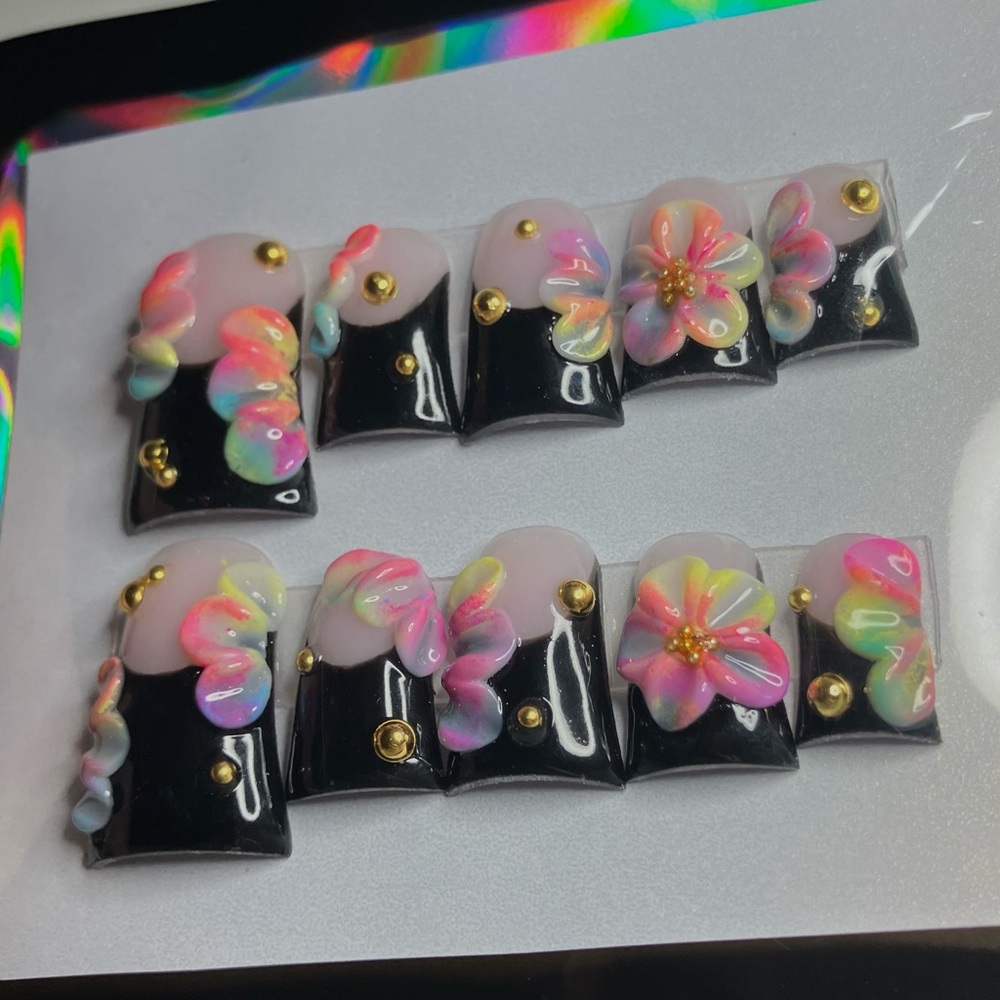 Handmade Y2K Black French Duck Press-On Nails with Pastel Floral Accents